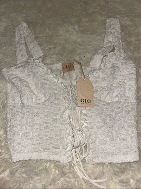 LG White Smocked Lace-Up Cropped Tank